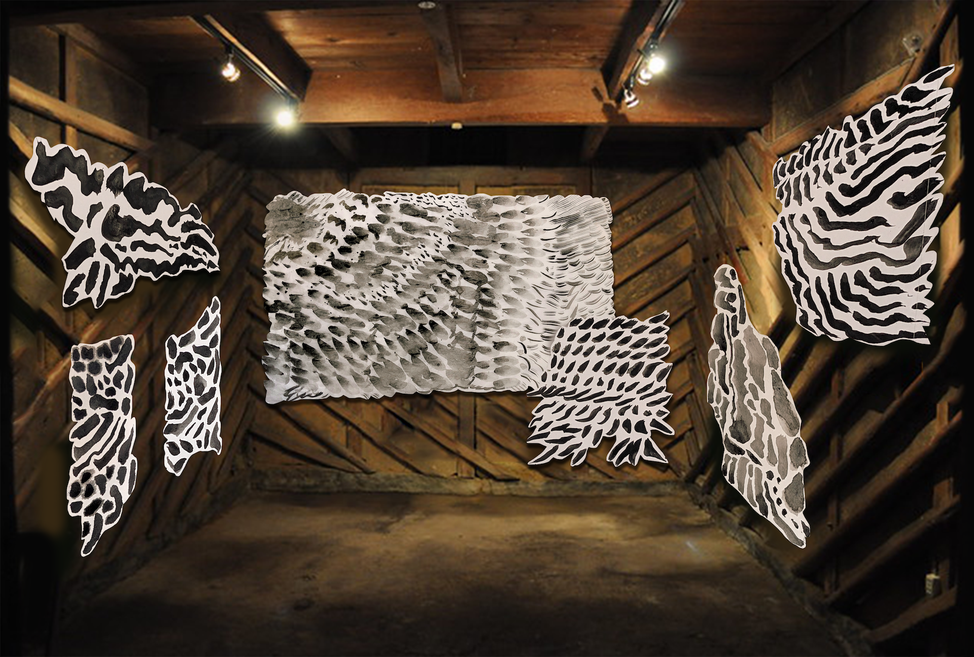 multiple large-scale abstract dynamic and energetic ink drawings cut-to-shape and installed in a constellation across the walls of a small wood exhibition building